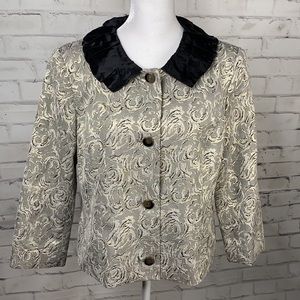 Vintage Bob Mackie Women’s Gold Silver Jacquard Button Front Jacket Black Collar